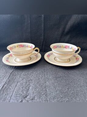Castleton Manor USA Tea cup and saucer lot 2 sets Cream Gold Floral Vintage